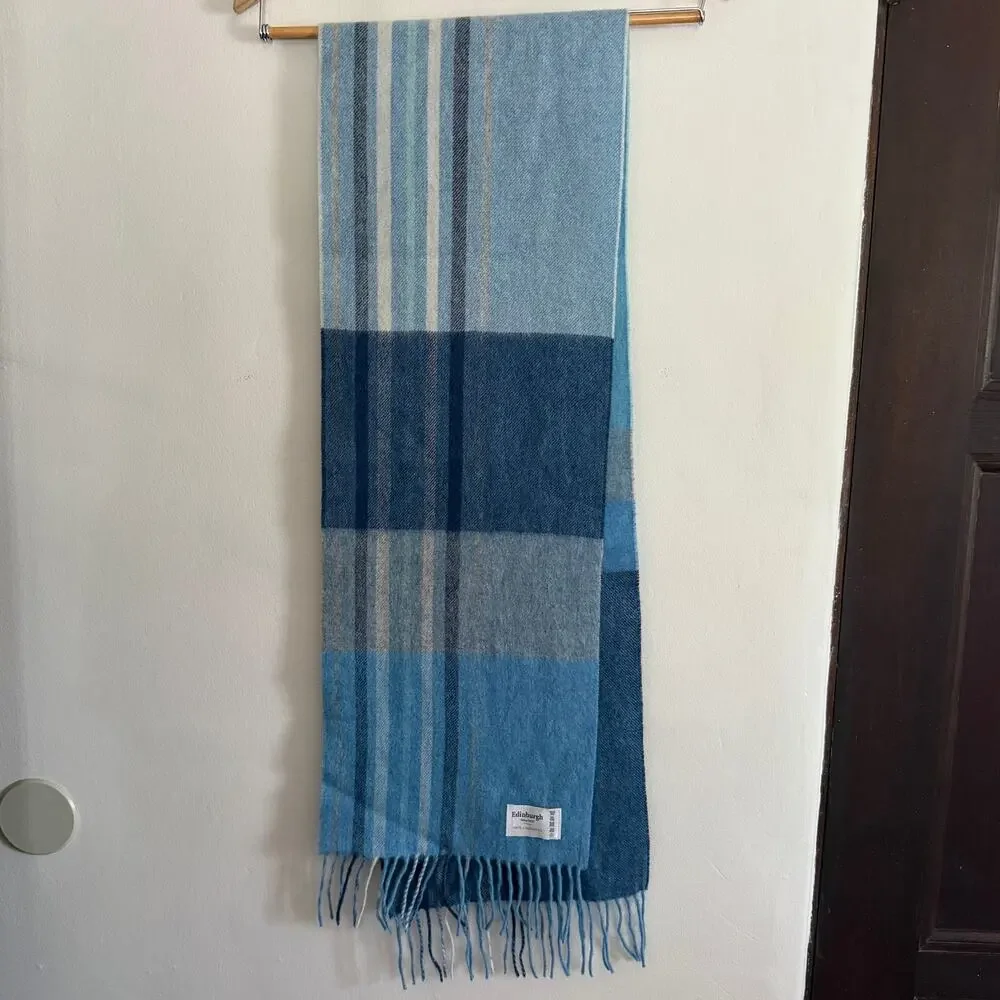 Vintage Edinburgh Baby Blue Plaid Lambswool Classic Scarf with Fringe
